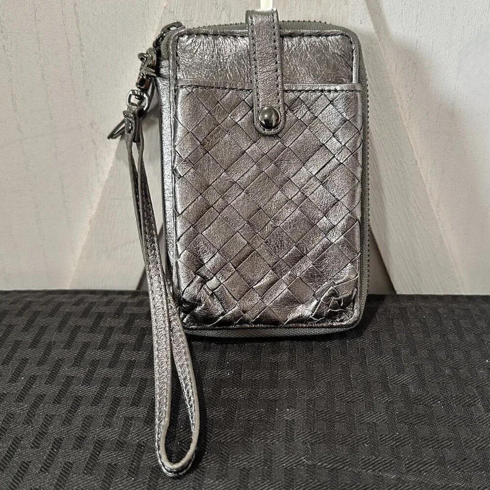 Elliott Lucca Pewter Woven Leather Wristlet Wallet